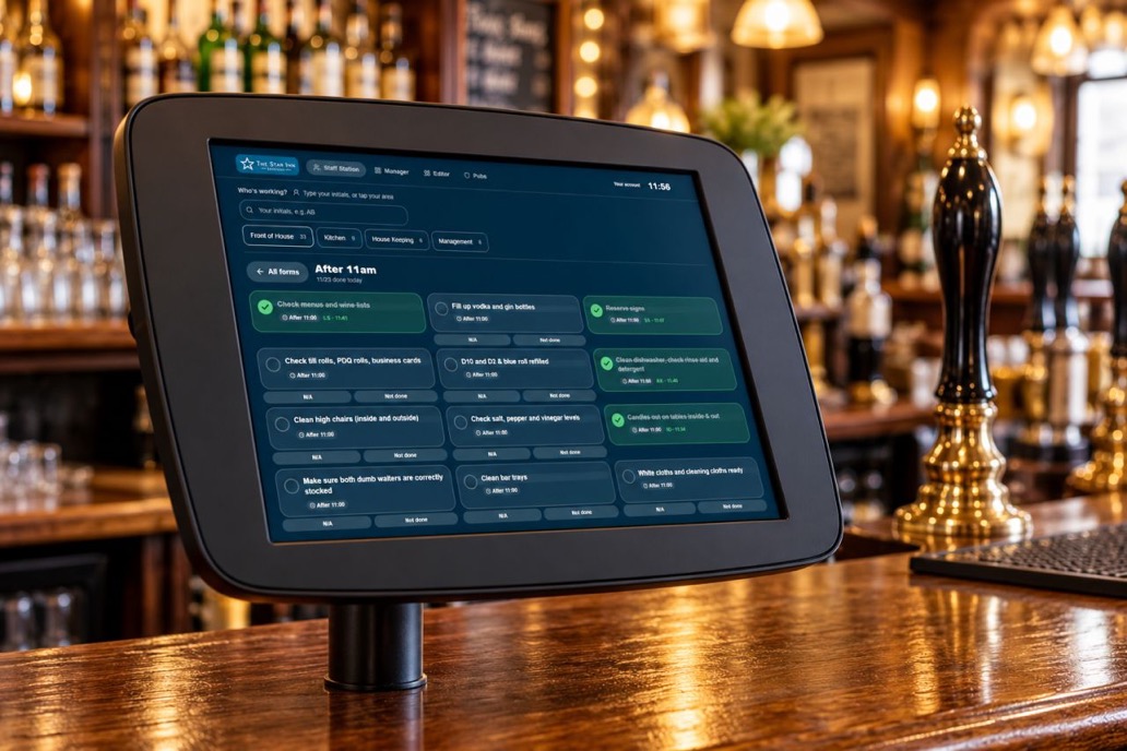 The Pub Hub Staff Station open on a touchscreen terminal mounted on a pub bar, with tasks ticked off and a hand pump beside it