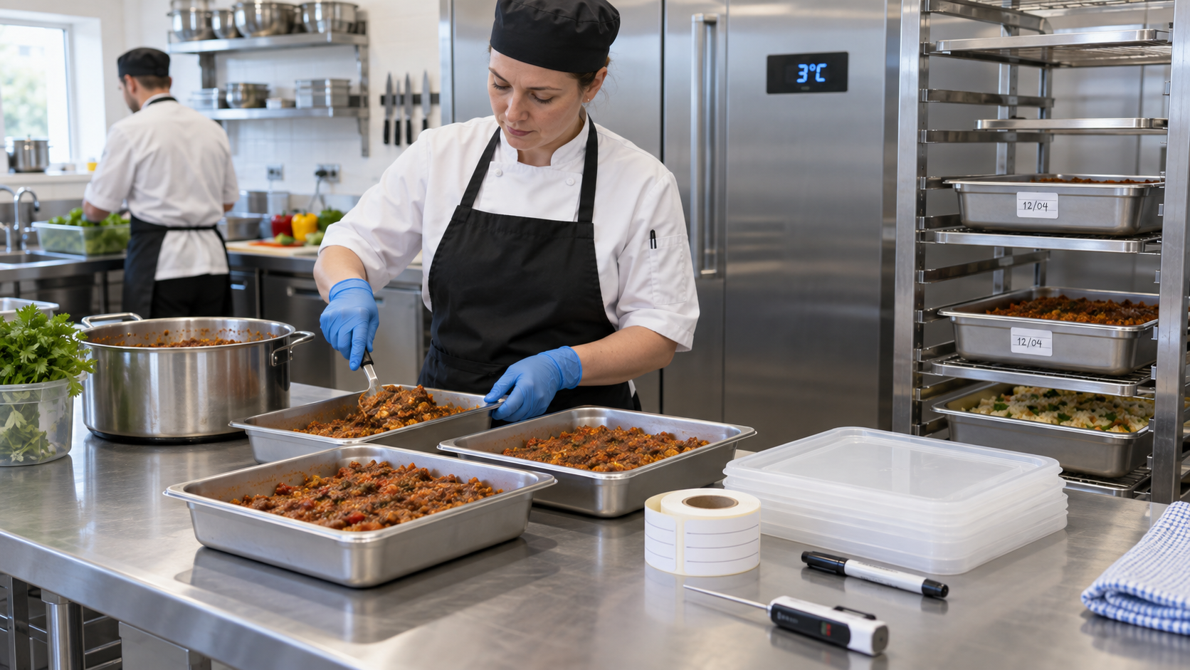 A chef preparing food in a professional kitchen