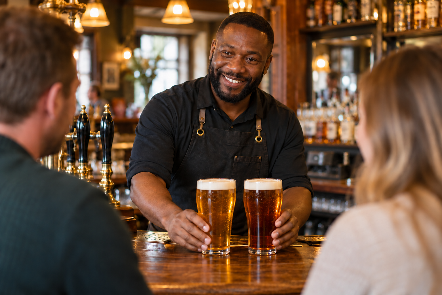 A bartender serving two freshly poured pints across the bar
